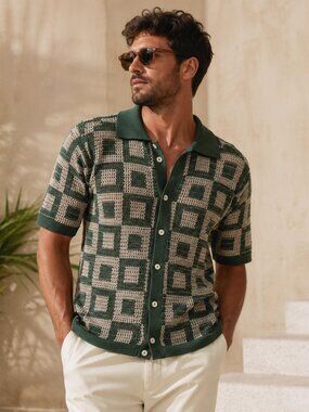 Massive Luxury Edition Crochet Knit Polo Shirt L Green Button Up Cotton Mod
